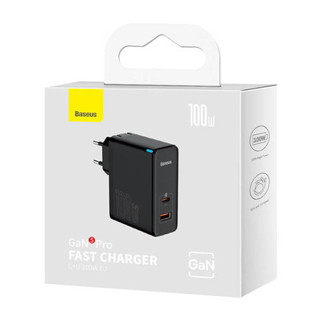 Baseus GaN5 Pro wall charger, USB-C + USB, 100W + cable (black)